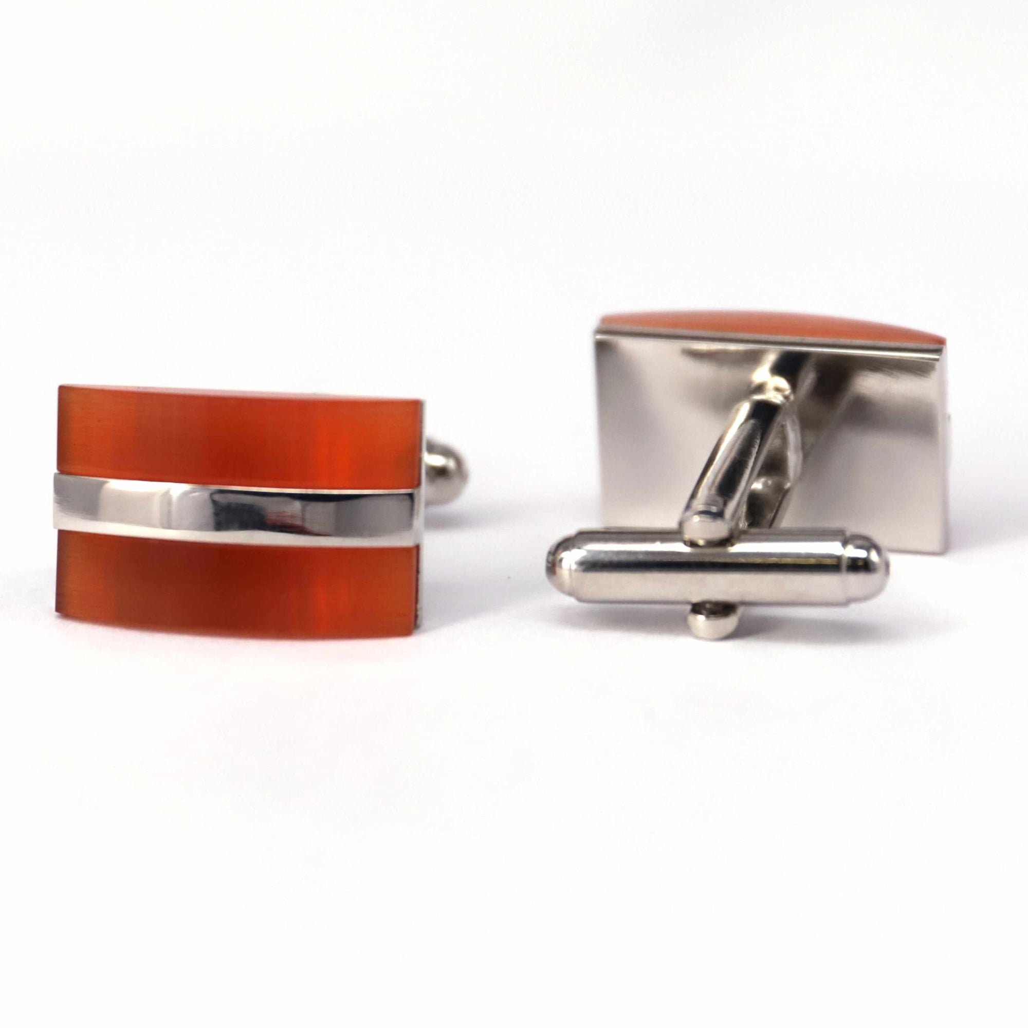 Rectangular Orange Fiber Glass Cufflinks with Silver Inserts-Cufflinks.com.sg