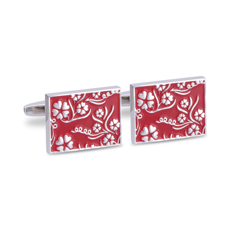 Red Rectangle Cufflinks with Silver Floral Details F-Cufflinks.com.sg