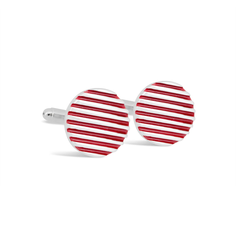 Red Stripe and Silver Round Cufflinks-Cufflinks.com.sg