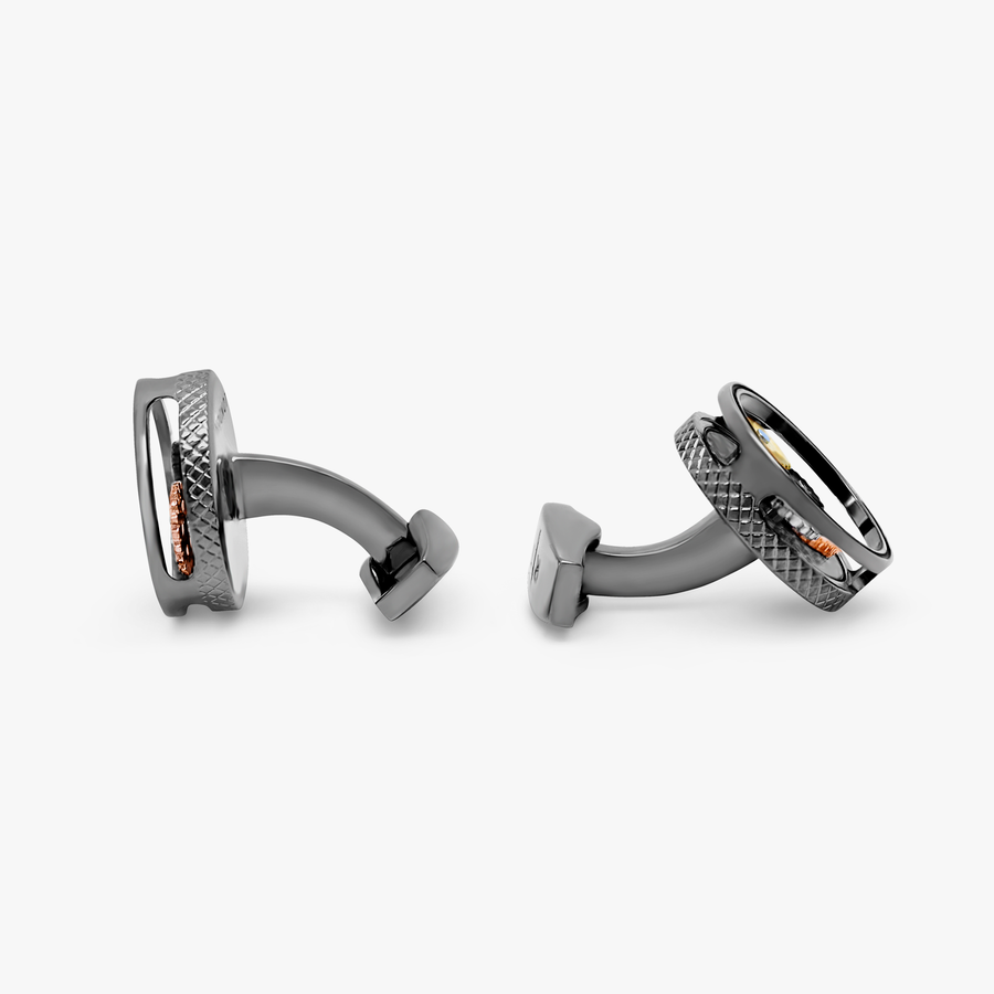 Round Gear Carbon Fibre cufflinks with gunmetal finish-Cufflinks-Tateossian-Cufflinks.com.sg