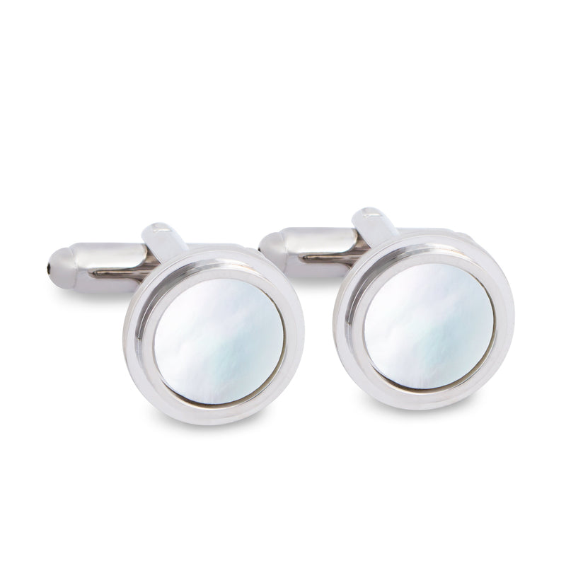 Round Silver Cufflinks with White Mother of Pearl-Cufflinks.com.sg