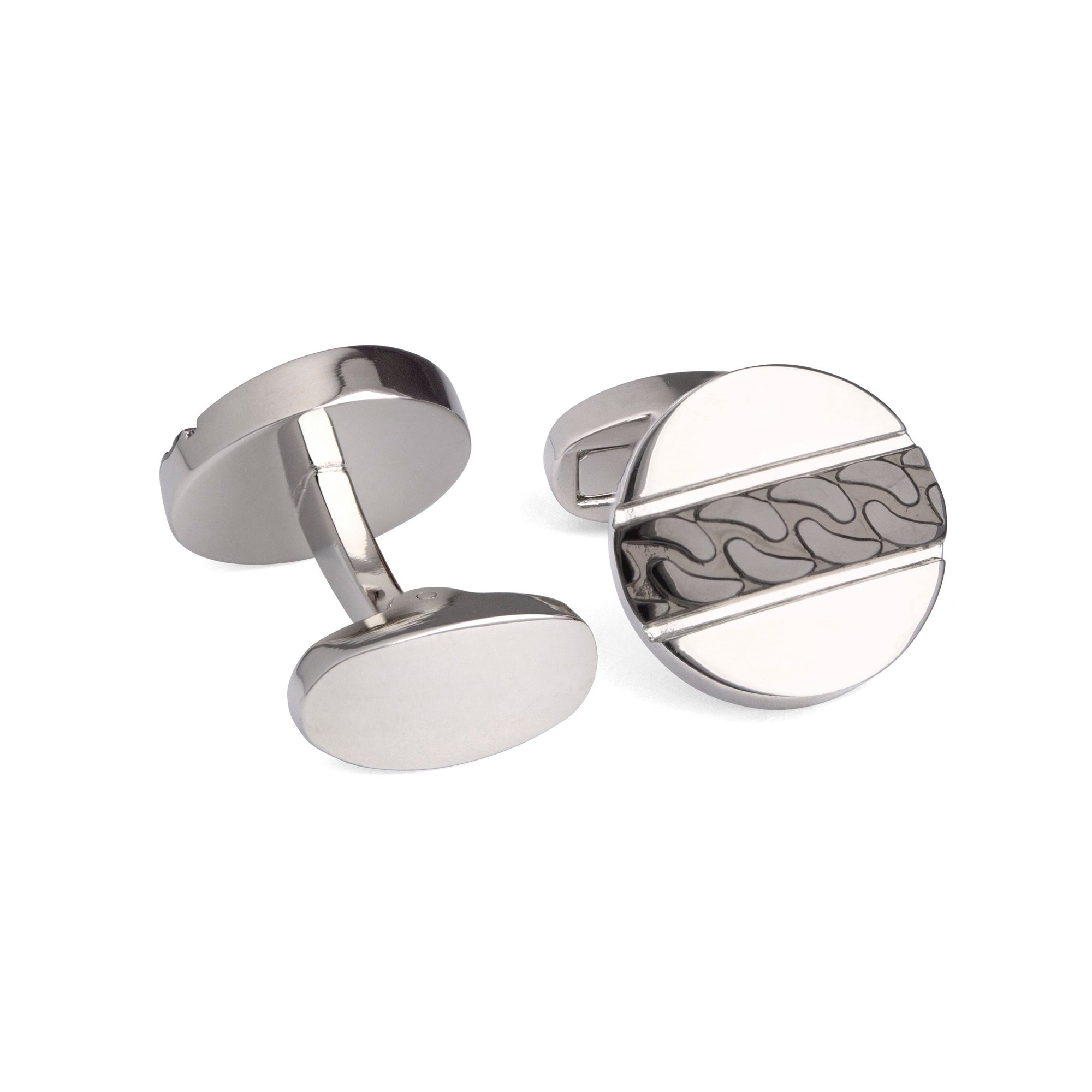 Round Silver with Textured Gunmetal Center Strip-Cufflinks.com.sg