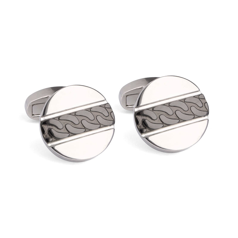 Round Silver with Textured Gunmetal Center Strip-Cufflinks.com.sg