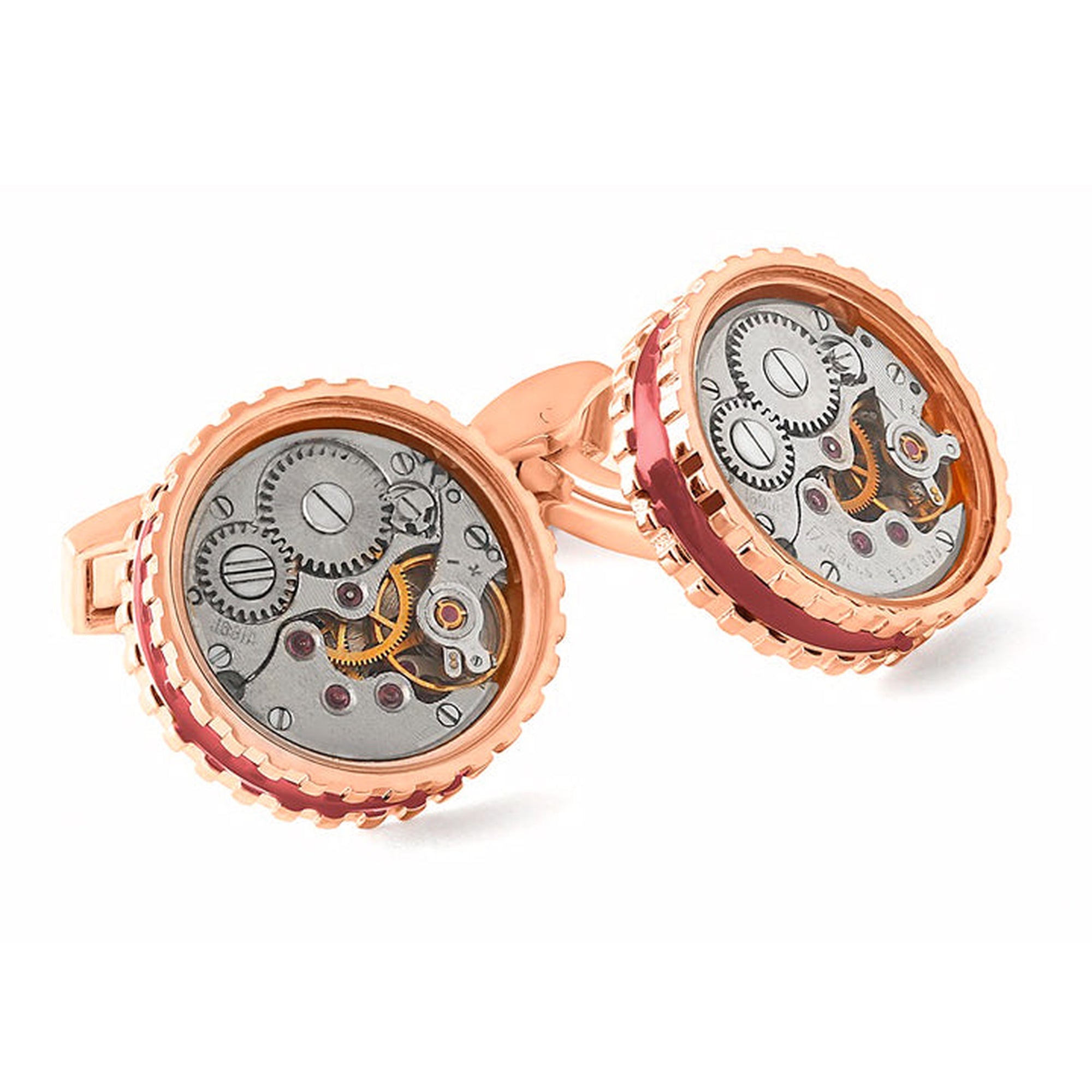 Round Skeleton Gear cufflinks with burgundy enamel rose gold plated st