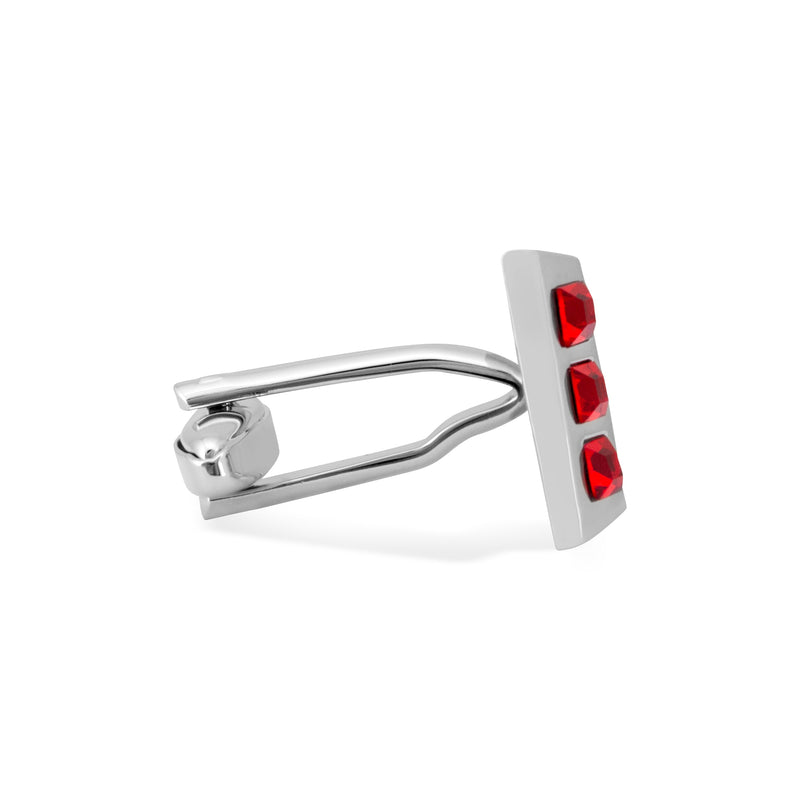 Slanted Slope Silver Cufflinks with Triple Red Crystals-Cufflinks.com.sg