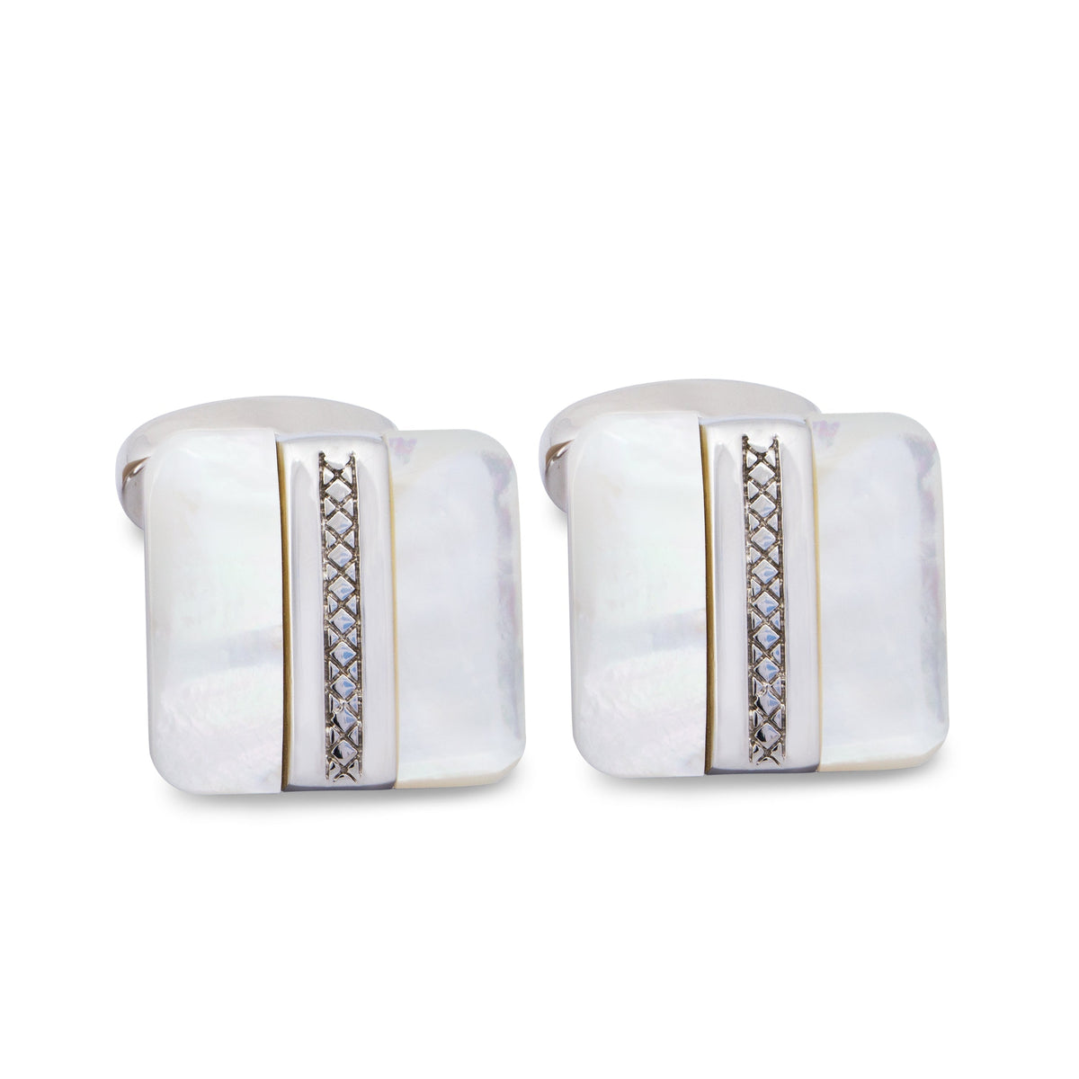 White Mother of Pearl Cufflinks with Silver Vertical Stripe-Classic Cufflinks-MarZthomson-Cufflinks.com.sg