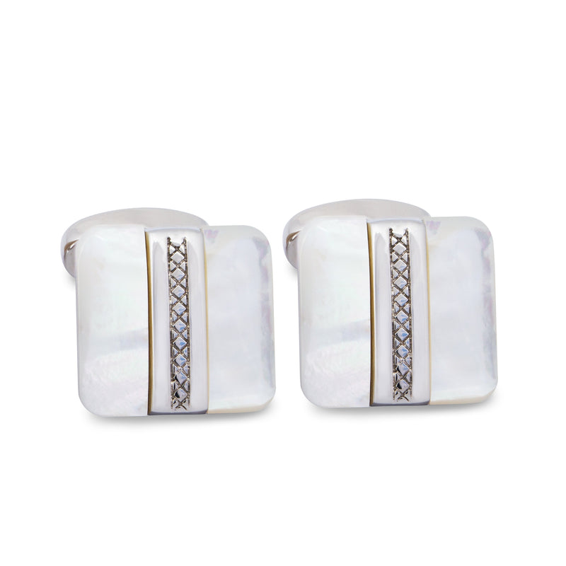 White Mother of Pearl Cufflinks with Silver Vertical Stripe-Classic Cufflinks-MarZthomson-Cufflinks.com.sg